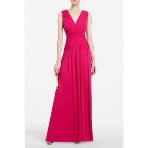 BCBG KAEYA DRAPED JERSEY V-NECK DRESS FUSCHIABERRY